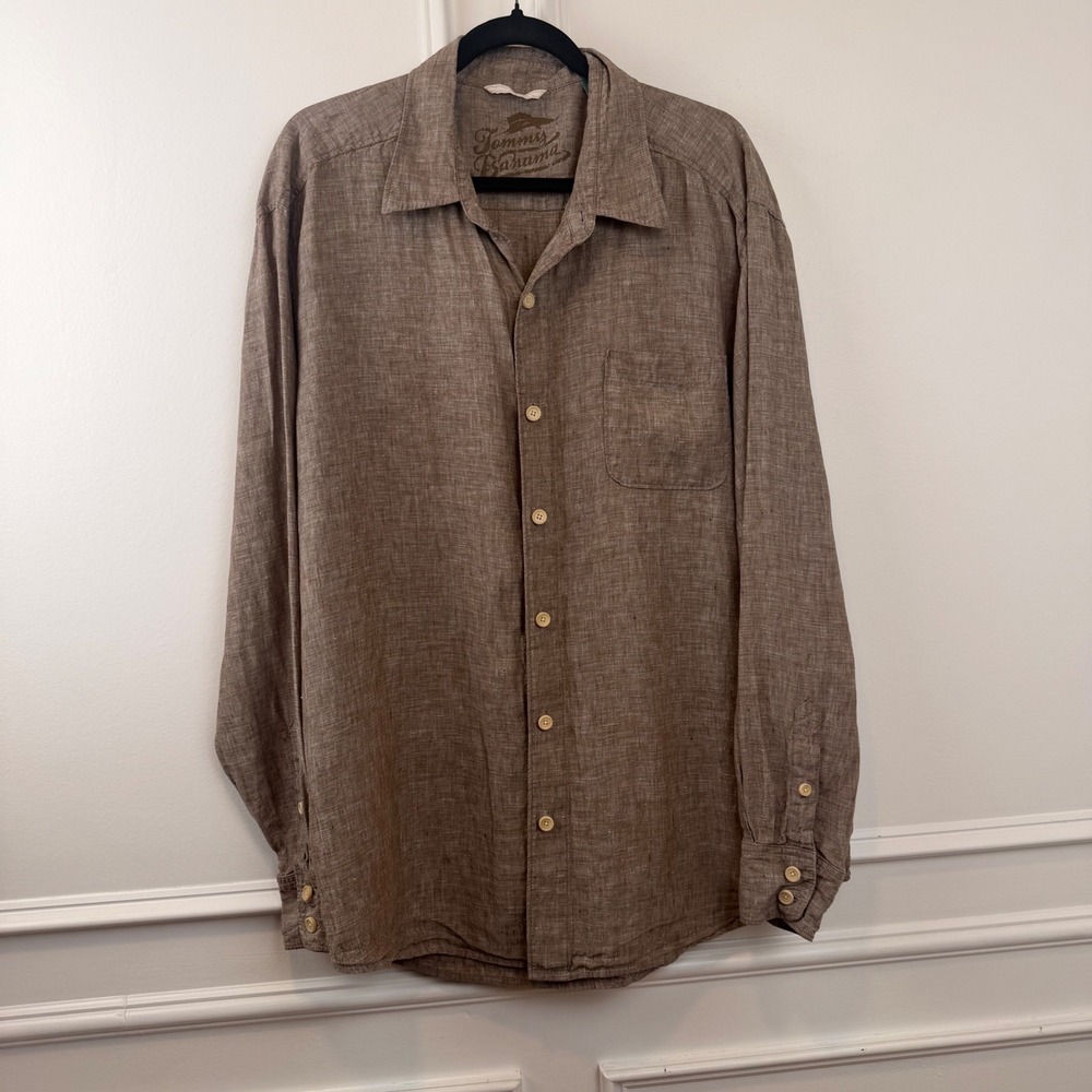 Tommy Bahama Relax Mens XL Brown 100% Linen Long Sleeve Button Down Shirt